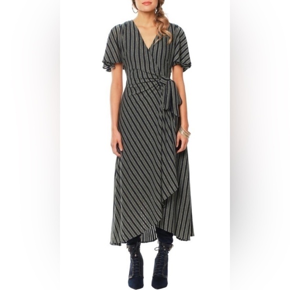 Anthropologie Dresses & Skirts - Anthropologie Wrap Asymmetrical Dress Stripe Sparkle Fairy Flutter Sleeve Size S